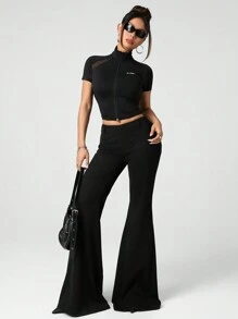 SHEIN ICON 女式休闲喇叭腿黑色长裤，超低腰修身，百搭