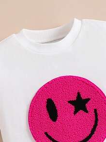 SHEIN 2pcs/Set Girls Casual Cute Funny Cartoon Smiling Face Embroidered Round Neck Short Sleeve Top And Sequined Mini Skirt, Suitable For Outdoor Activities, Party, Birthday Photo Shoot, Spring/Summer