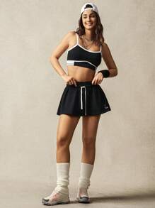 VARSITIE Black Low-Rise Elastic Drawstring Mini Women Sports Skirts & Skorts