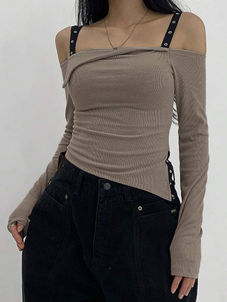 Women Asymmetrical Hem Patchwork Camisole Off Shoulder Long Sleeve Cropped T-Shirt, Apricot Color, Spring/Summer