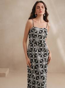 Anewsta Elegant Embroidery Long Slip Dress For Women, Spring/Summer, Floral, Beach Vacation - Black and White - View 4