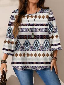 EMERY ROSE 大码女式休闲简约全印花圆领 3/4 袖衬衫，适合秋冬季