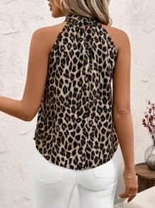 SHEIN Clasi Camiseta de mujer elegante de tipo halter con estampado de leopardo, ajustada para uso diario, para ir al trabajo, apta para primavera/verano - Multicolor - Ver 2