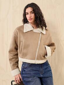 Easelle Spring Outfit Teddy Lined Zip Up Khaki Moto Jacket In Fall/Winter