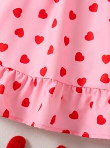 SHEIN Vestido midi con estampado de corazones en rojo y rosa lindo, con mangas con volantes y decoración de lazo grande para niñas, ideal para el Día de San Valentín