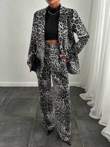 EURMUSE Leopard Print Suit Blazer And Pant Set Effortless Chic - Grey - View 6