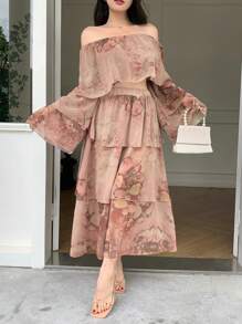 DAZY 2pcs Set Women Full Floral Off Shoulder Ruffle Shirt And Peplum Skirt,Fall Women Clothes