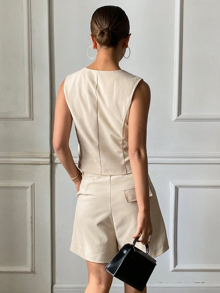 2pcs/Set Women's Solid Color Fitted Sleeveless Vest And Straight Leg Shorts Casual Suit, Summer,Short Women Sets