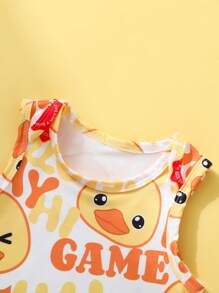 SHEIN Set de 2 piezas de pelele sin mangas con estampado de pato lindo y gorro amarillo para bebés niños, de tela de punto suave y cómoda, apta para uso diario, actividades al aire libre, ocio y vacaciones