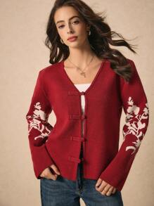 Poéselle Women's Floral Print Red Cardigan, Sweater Fall Winter Women Sweaters Fall Long Sleeve Cardigan Vintage Disc Button Cardigan Autumn 2024 AW