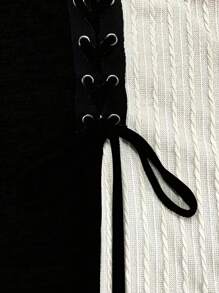 女士纯色拼布长袖休闲上衣，日常穿着 - 黑色 - 查看 4