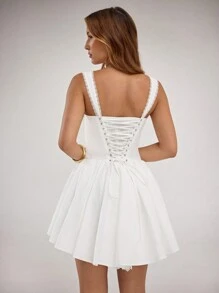 SHEIN BAE 纯白色优雅甜美浪漫荷叶边蕾丝边修身喇叭裙，女士公主裙，适合情人节、派对、约会、伴娘、舞会、日常通勤、粉色连衣裙、生日连衣裙 - 白色 - 查看 2