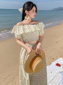 DAZY 1 Set Women Dot Pattern Off-Shoulder Ruffle Top & Skirt Two-Piece Outfit - Beige - View 5