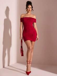 SHEIN BAE 女士纯红色露肩性感透明优雅鱼尾露背紧身迷你连衣裙、红色连衣裙、情人节约会连衣裙、婚礼伴娘短裙、露背连衣裙