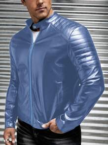 Manfinity Roughcore Loose Fit Men's Zip Up PU Leather Jacket, For Fall Winter - Blue - View 5