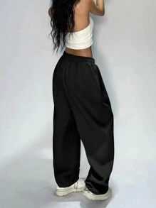 INAWLY Women's Casual Solid Color Loose Sweatpants - Black - View 2