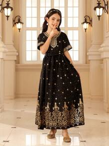 SHEIN Tween Girl Elegant Party Gold Foil Print Short Sleeve Dress - Black - View 3
