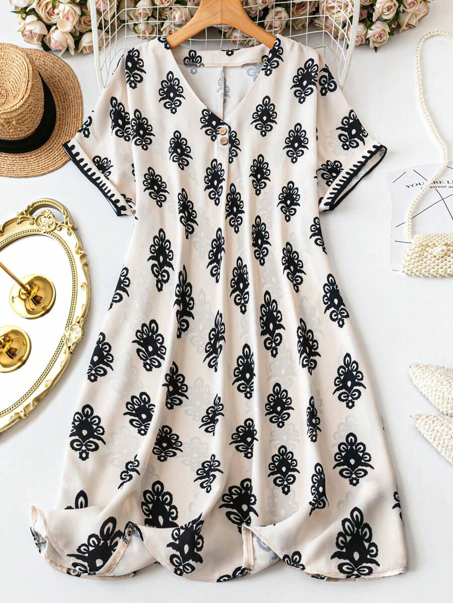 EMERY ROSE 女士 V 领短袖全花卉印花休闲迷你连衣裙，度假风格