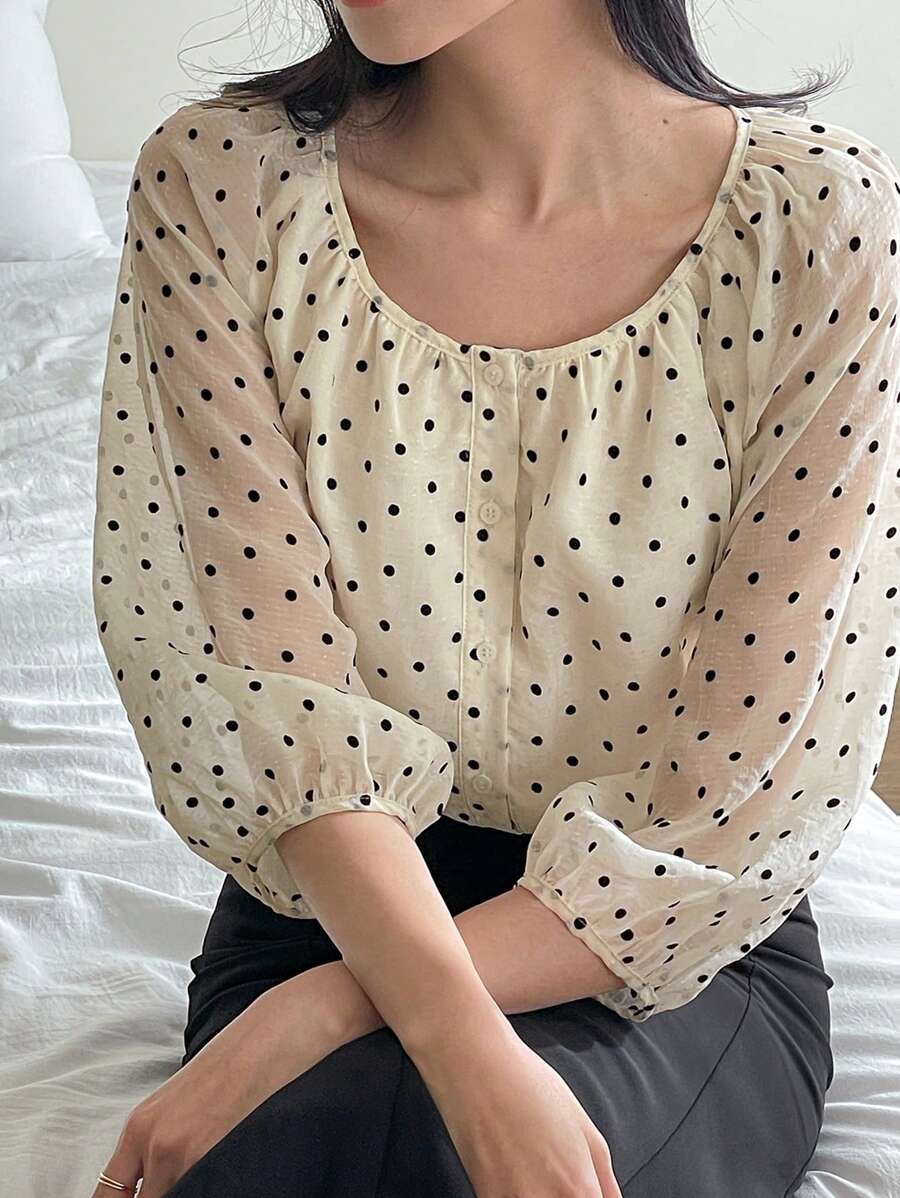 DAZY Women's Polka Dot 3/4 Sleeve Crew Neck Blouse Long Sleeve Top