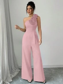 Rafferiza Elegant One Shoulder Jumpsuit For Women Wedding Guest Party With Floral Detail - Pink - View 4