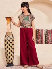 SHEIN Leap Crew Tween 女童休闲圆领印花短袖衬衫和直腿裤 2 件套 - 紅色 - 查看 4