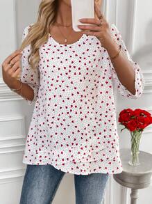 EMERY ROSE 情人节女士心形与波尔卡圆点印花印度尼西亚圆领七分袖休闲衬衫 - 白色 - 查看 1