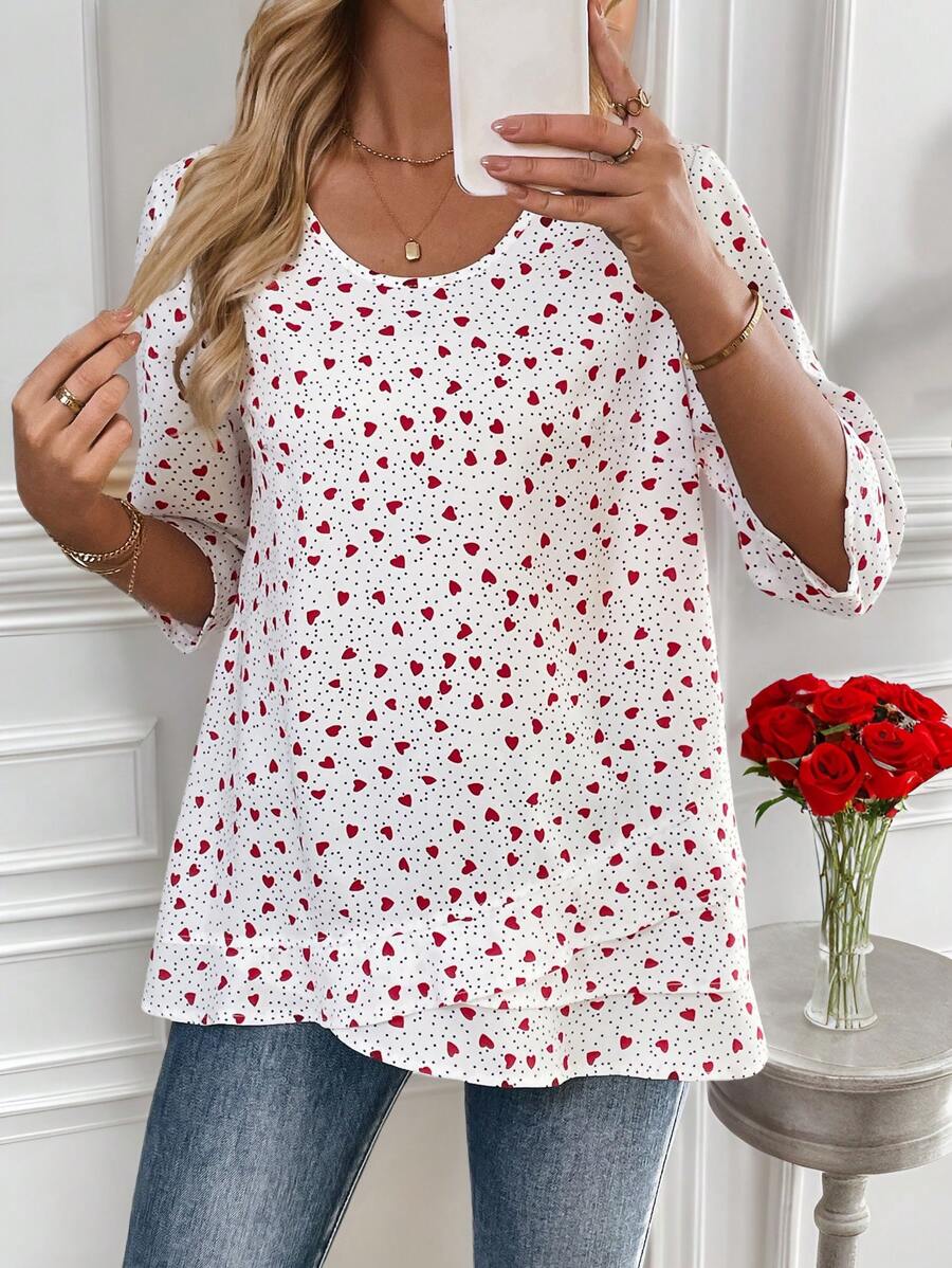 EMERY ROSE 情人节女士心形与波尔卡圆点印花印度尼西亚圆领七分袖休闲衬衫 - 白色 - 查看 1