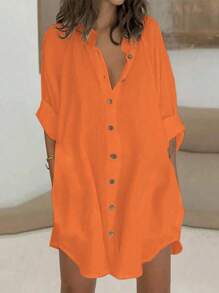 SHEIN LUNE 女士纯色前扣简约衬衫领休闲短裙 - 橘色 - 查看 3