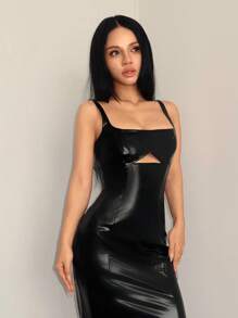 SHEIN ICON Đầm Maxi Ôm Body Khoét Hở Phía Trước Dây Đeo Spaghetti Gợi Cảm Bằng Da PU Màu Đen - màu đen - Xem 5