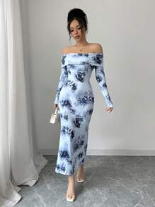 Elenzga Floral Print Off Shoulder Bodycon Dress - Blue - View 6