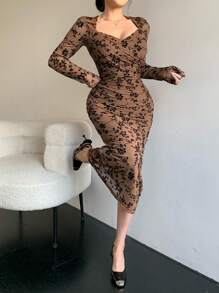 DAZY Váy dạ hội in họa tiết hoa nhỏ xinh xắn tay dài phối lưới mỏng dành cho nữ, trang phục mùa thu - màu nâu - Xem 4