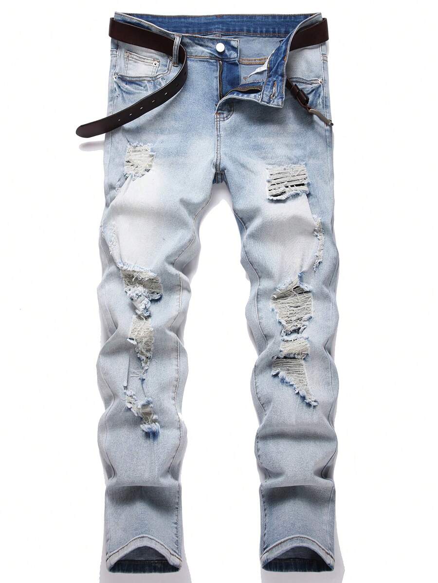 Manfinity Roughcore Men's Casual Distressed Pocket Denim Jeans - Light Wash - View 1