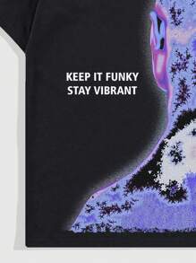 ROMWE MEN Street Life 男士圆领短袖图案印花休闲 T 恤，日常穿着 - 黑色 - 查看 5