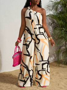 Slaydiva 2025新款夏季度假宽松单肩无袖阔腿印花连体裤 - 彩色 - 查看 3