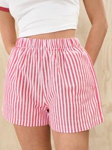 SHEIN EZwear Stripe Wide Leg Shorts - Red - View 4