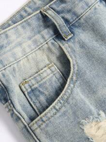 Manfinity LEGND 男式前扣口袋破洞休闲牛仔短裤 - 藍色 - 查看 6