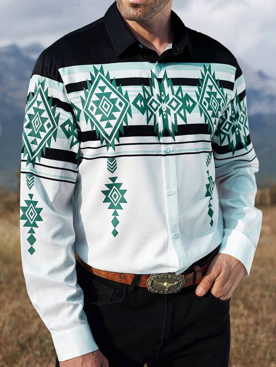 Manfinity Nomadique 男士复古印花长袖衬衫，休闲简约时尚日常穿着