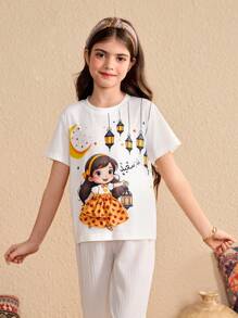 Tween Girl' 圆领短袖人物印花休闲 T 恤 - 白色 - 查看 7