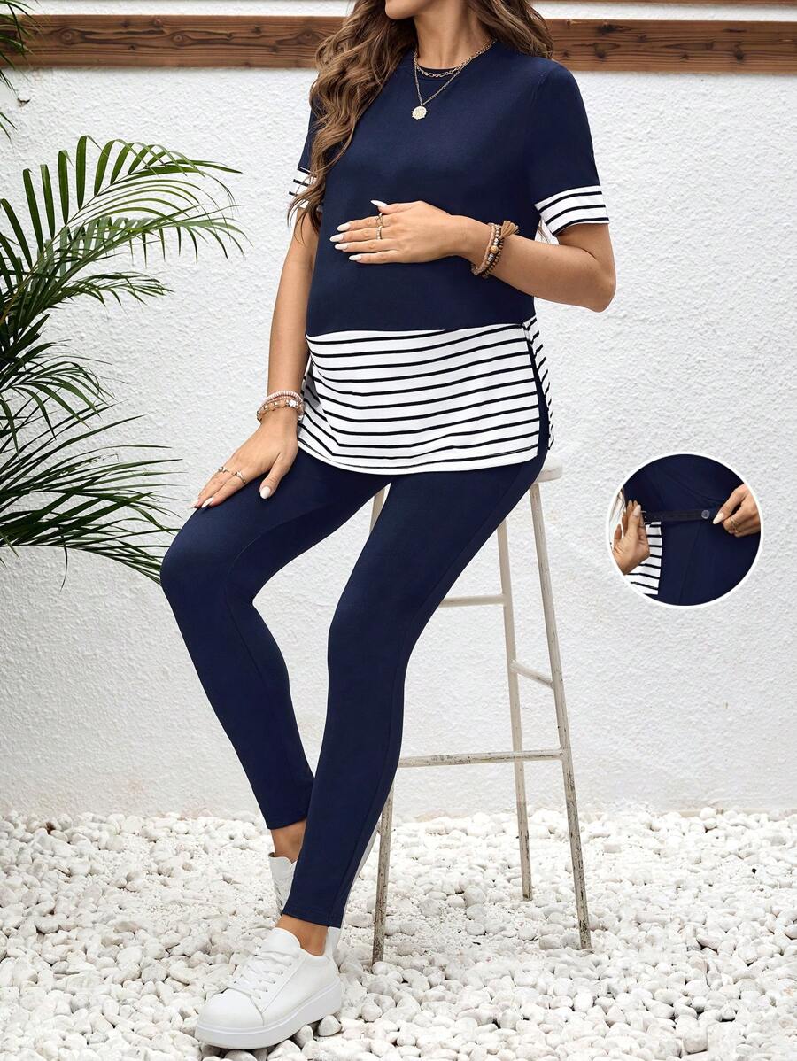 SHEIN Bộ 2 món/Bộ đồ thường ngày cho phụ nữ mang thai cổ tròn màu trơn chắp vá áo dài và quần dài - Màu xanh hải quân - Xem 1