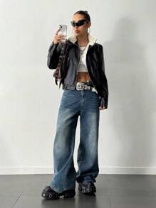 StreetHx Plush Patchwork Front Zip Pockets Faux Leather Pilot Jacket - Black - View 6