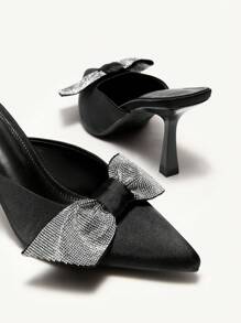 CUCCOO CHICEST Women's Pointed Toe High Heel Rhinestone Bow Elegant Slip-On Mules, Suitable For Work, Dating, Party, Wedding Spring Shoes Spring Break Easter Prom Heels - Black - View 10