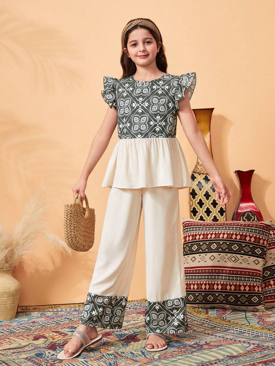 2pcs/Set Girls Ramadan Floral Print Blouse & Trousers, Fit For Vacation & Outdoor Wear