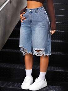 SHEIN ICON 女士休闲破洞牛仔短裤 - 深色水洗藍 - 查看 4