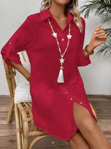 SHEIN LUNE Women's Casual Summer Button Front Textured Dress - Red - View 7