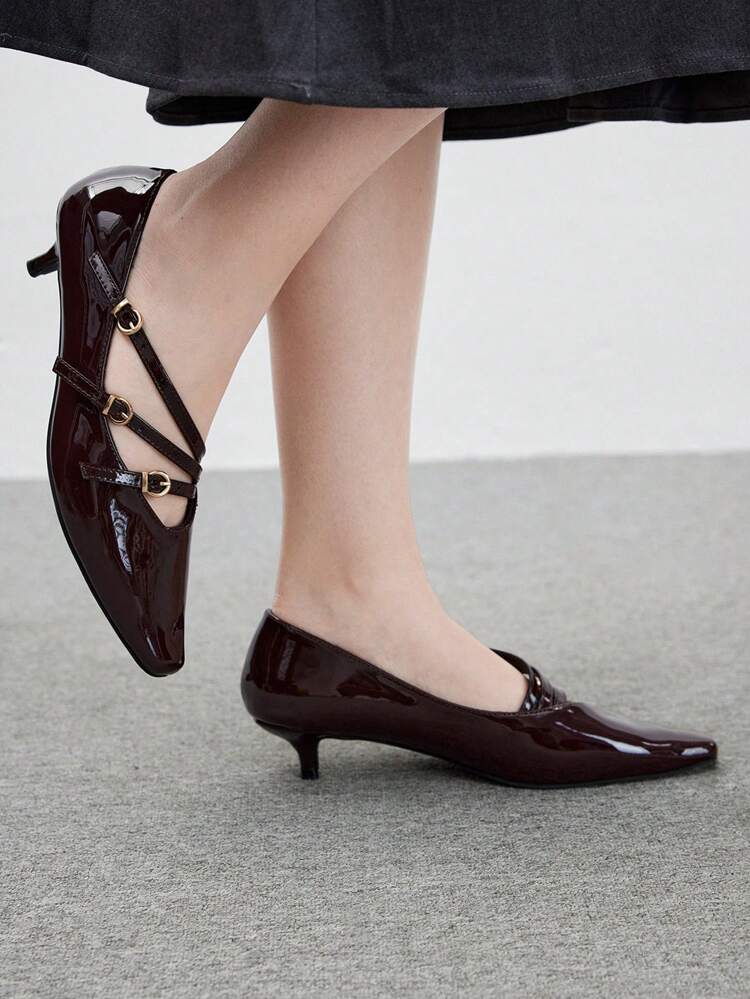 CUCCOO BIZCHIC Classic Commuting Versatile Ankle Strap Red Pointed Toe Kitten Heels Spring Shoes Spring Break Easter