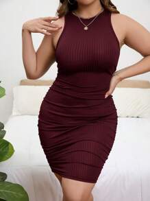 SHEIN Privé Đầm suông không tay màu trơn cỡ lớn ôm vừa vặn thường ngày - Màu Đỏ Sâu - Xem 6