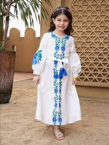 Young Girl Blue Abaya Kaftan Jalabiya Tunic, Ramadan Ramadan Local Conservative Attire, Rose Print Vacation Casual Fashion Waist Belt Tassel Pendant Dress - Blue - View 3