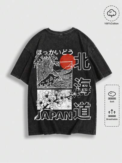 Anime تي شيرت كاجوال قصير الأكمام بطباعة زهرية معاصرة، مناسب للربيع والصيف