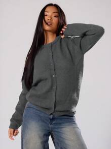 MUSERA Loose Fit Button Up Cardigan Spring Y2K 90's Casual Cute - Dark Grey - View 1