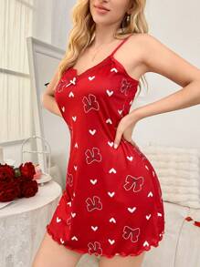 SHEIN 对比色蕾丝 V 领蝴蝶结和心形印花吊带背心睡袍娃娃裙蝴蝶结 - 紅色 - 查看 6